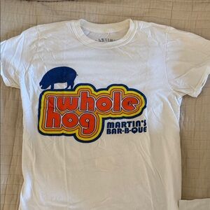 Martin’s whole hog bbq white  Shirt with Blue and Orange Graphic pig small